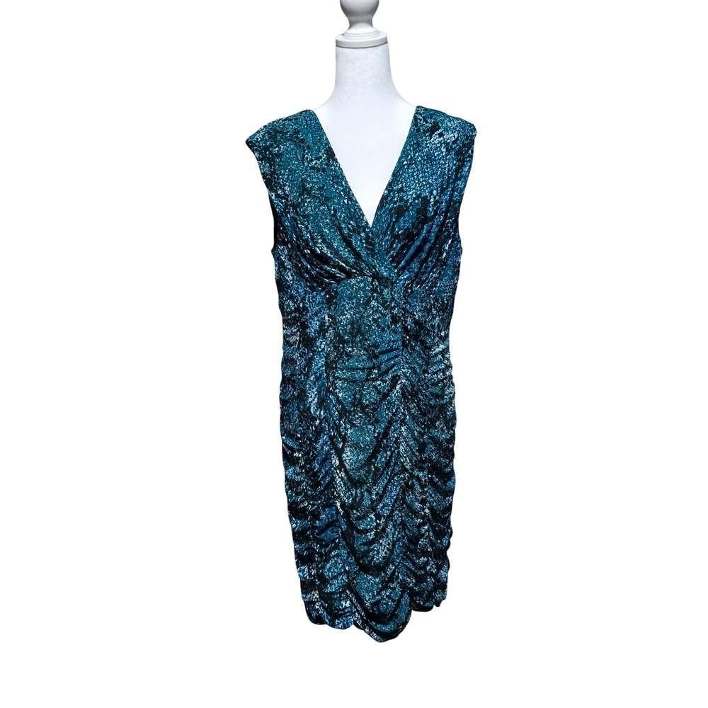 Evan-Picone Teal Black Snakeskin Ruched V-Neck Sheath Dress Size 16